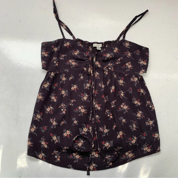 American Eagle Baby Doll Top Small‎  Y2K Dark Blue Floral Smocked Strappy Cutout - Picture 5 of 10
